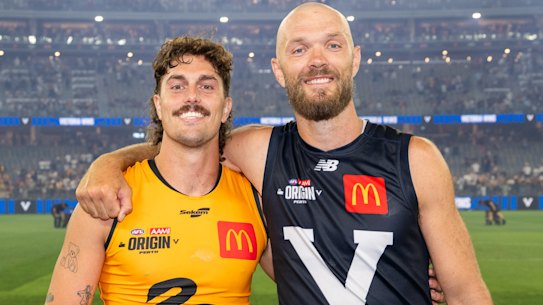 Max Gawn (right) and former Melbourne teammate Luke Jackson, now at Fremantle, after the match.