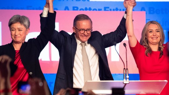 Australia’s new Prime Minister, Anthony Albanese, with his girlfriend, Jodie Haydon, and Penny Wong, addresses the nation after his Federal Election victory, but despite the ALP’s success on the night, its primary vote fell to a level not seen since the 19030s. 