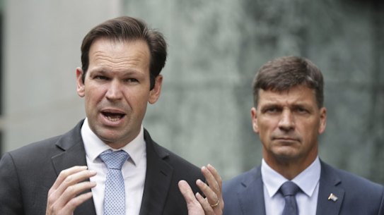 Minister for Resources and Northern Australia Matthew Canavan and Minister for Energy Angus Taylor address the media during a press conference on coal and the energy sector, at Parliament House in Canberra on  Thursday 21 February 2019. fedpol Photo: Alex Ellinghausen