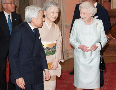 The Queen greets Japan's Emperor Akihito and Empress Michiko  at a lunch for sovereign monarchs held in honour of  the Diamond Jubilee at Windsor Castle in May 2012.