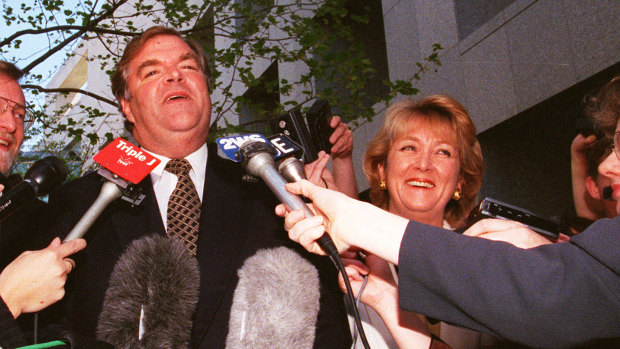 Former Australian Democrats leader Cheryl Kernot at a press conference outside Parliament House with her new boss Kim Beazley after she announced she was quitting the Senate to join the Labor Party on 15 October, 1997.