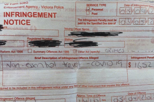 An infringement notice issued by Victoria Police for breaching coronavirus restrictions.