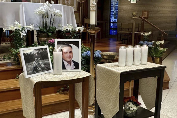 A memorial for Joshua Barrick, one of the victims, on display at Holy Trinity Catholic Church in Louisville.