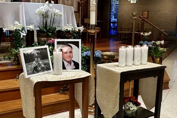 A memorial for Joshua Barrick, one of the victims, on display at Holy Trinity Catholic Church in Louisville.