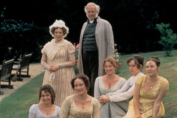 The Bennet family as seen in the BBC's 1995 adaptation of Jane Austen's 1813 novel, Pride and Prejudice. Mr and Mrs Bennet, with (l-r) Lydia, Elisabeth, Jane, Catherine and Mary.