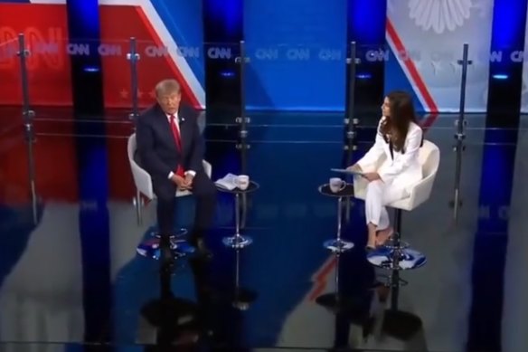 Donald Trump is interviewed by Kaitlan Collins on CNN during a New Hampshire town hall on May 11.