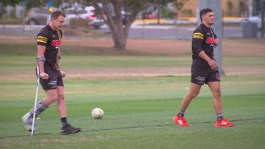 Dylan Edwards on crutches at Panthers training on Tuesday afternoon.
