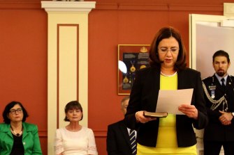 Annastacia Palaszczuk, being sworn in by Governor Paul de Jersey at Government House on February 14, 2015.