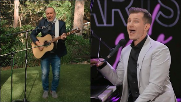 Colin Hay and host David Campbell performing at the 2021 G’Day USA AAA arts gala.