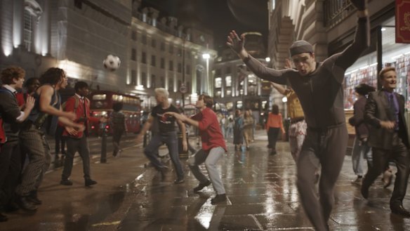 Jonno Davies performs on set in a motion capture suit in a visual effects shot for Better Man.