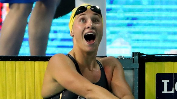Australia's Madeline Groves wins the women's 100m butterfly semifinal at the Gold Coast Aquatic Centre, which hosted the swimming during the 2018 Commonwealth Games and could host the 2032 Olympics.