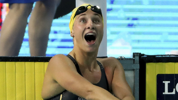 Australia's Madeline Groves wins the women's 100m butterfly semifinal at the Gold Coast Aquatic Centre, which hosted the swimming during the 2018 Commonwealth Games and could host the 2032 Olympics.