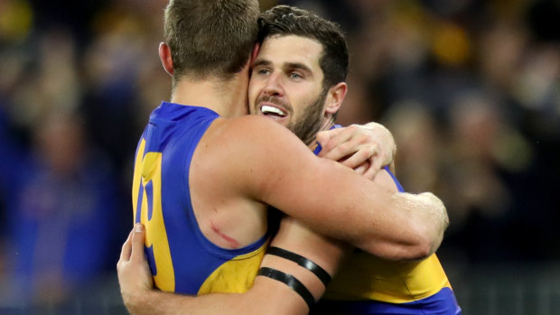 Jack Darling (right) kicked a very big goal late in the final quarter for the Eagles.