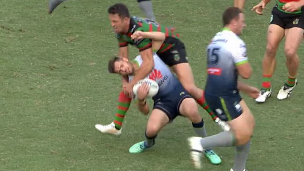 Souths lock Sam Burgess got in trouble for this high hit on Aidan Sezer.