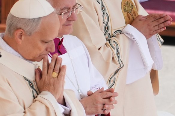 Pope Leo XIV wearing the “Fisherman’s ring” made for him as  a sign of his office. 