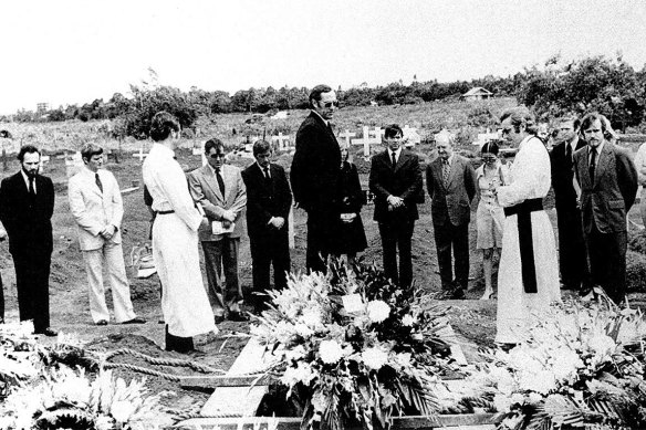 Richard Woolcott, as ambassador to Indonesia, delivers a eulogy at the funeral of the five journalists, known as the Balibo 5, in Jakarta in 1995.