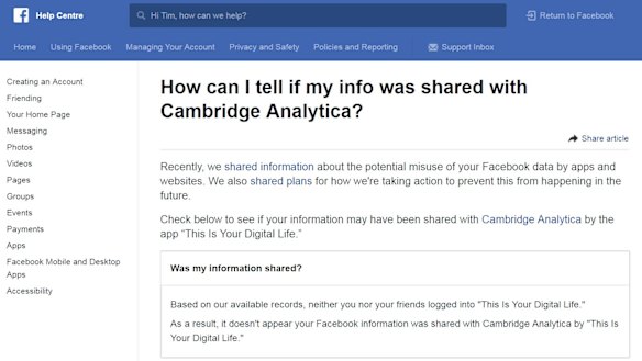What Facebook's support page looks like if your data was not likely to have been accessed by Cambridge Analytica.