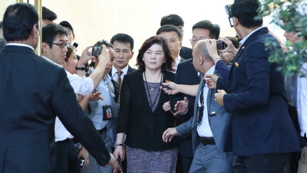 North Korean vice minister of foreign affairs Choi Sun-hee leaves the Ritz Carlton Hotel in Singapore after a two-hour meeting with her American counterpart.