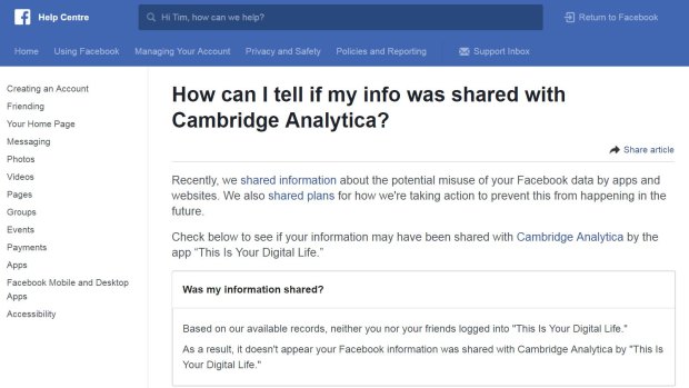 What Facebook's support page looks like if your data was not likely to have been accessed by Cambridge Analytica.