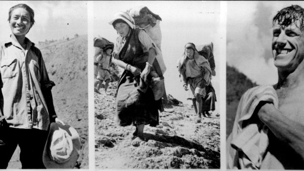 The way back: Left, sherpa Tensing smiles after an arduous journey down with Edmund Hillary, right. 
Centre, women sherpas carry some of the team's equipment down from Namche Bazaar. 