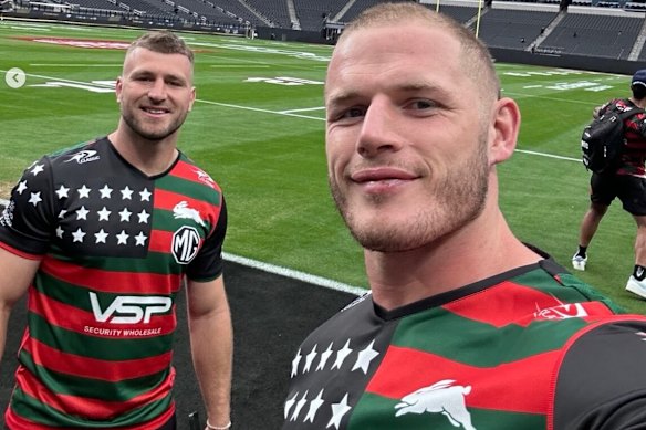 Rabbitohs teammates Jai Arrow and Tom Burgess at Allegiant Stadium in Las Vegas before the season opener in 2024.