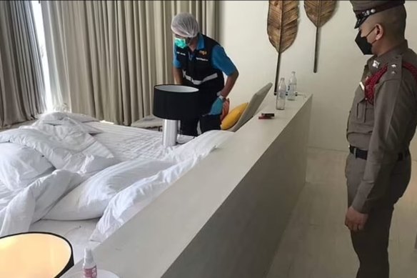 Thai Forensic Police inspect the room where Shane Warne was discovered unresponsive and later died from a suspected heart attack.