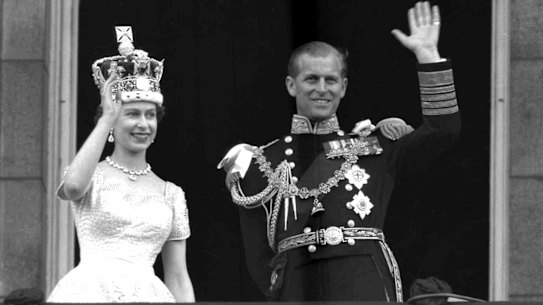 Prince Philip, Duke of Edinburgh, pictured with the Queen at Buckingham Palace, following her coronation in 1953.