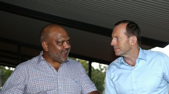 Prime Minister Tony Abbott meets with Noel Pearson, Chairman of the Cape York Group, during his visit to North East Arnhem Land on Wednesday 17 September 2014. Photo: Alex Ellinghausen 