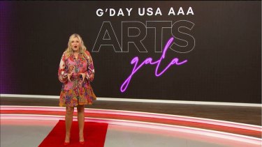 Ten entertainment reporter Angela Bishop hosting the “virtual red carpet” at the 2021 G’Day USA AAA arts gala.