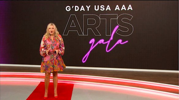 Ten entertainment reporter Angela Bishop hosting the “virtual red carpet” at the 2021 G’Day USA AAA arts gala.