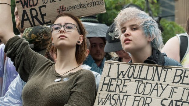 Protesters rally in support of the Safe Schools program in March 2016.