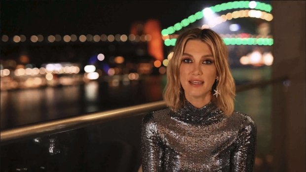 Singer Delta Goodrem speaking at the 2021 G’Day USA AAA arts gala.