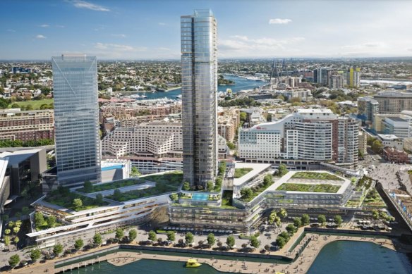 A design of the planned redevelopment of the Harbourside Shopping Centre included in the most recent concept proposal for the Darling Harbour site. The 166-metre tower is in the centre, while the existing Sofitel hotel is to the left.