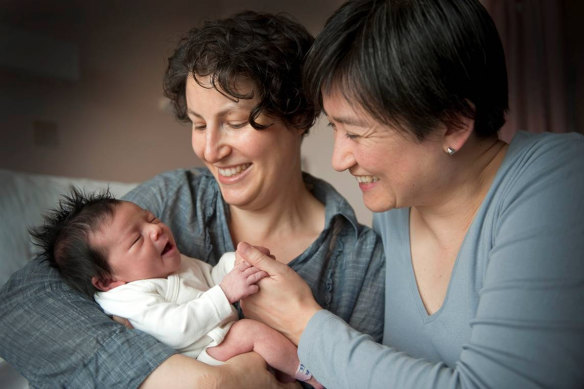 Penny Wong and Sophie Allouache with their daughter Alexandra, when she was born in 2011.