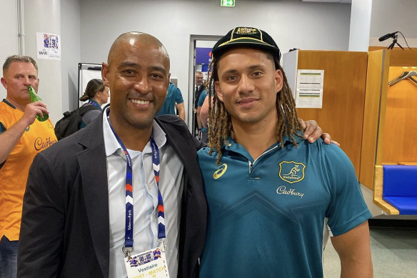 Issak Fines-Leleiwasa and George Gregan after Australia’s loss to France in their Rugby World Cup warm-up match. 