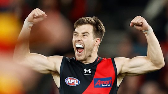 Zach Merrett celebrates a goal against the Crows.
