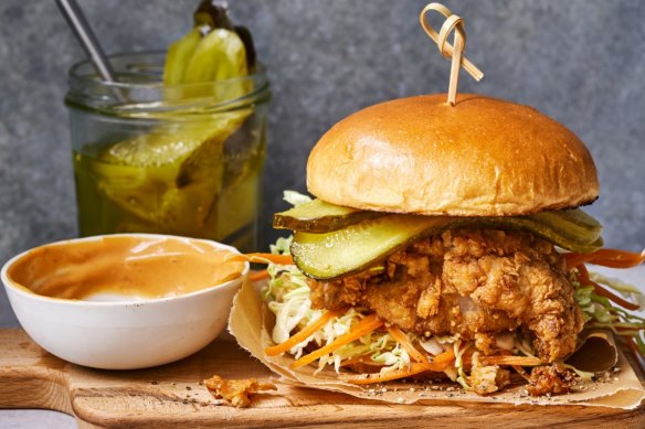 Buttermilk fried chicken burgers with pickle slaw and chipotle mayo.
