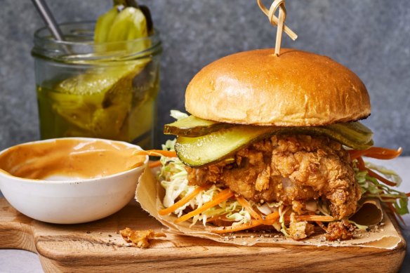 Buttermilk fried chicken burgers with pickle slaw and chipotle mayo.