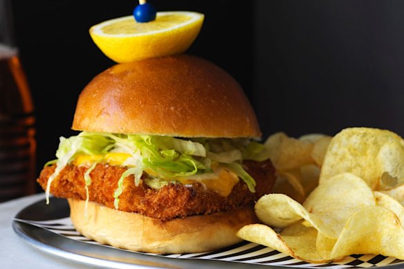 BBPB's crispy fish sandwich with crisps. 