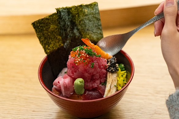 Nori Maki's bowl features sky-high negitoro (minced tuna), plus salmon, kingfish, tuna, prawn and scallops.