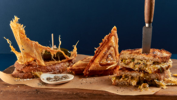 Studd recommends day-old sourdough for toasties, and white bread for jaffles. Caramelised leeks (right) are one of her favourite additions.