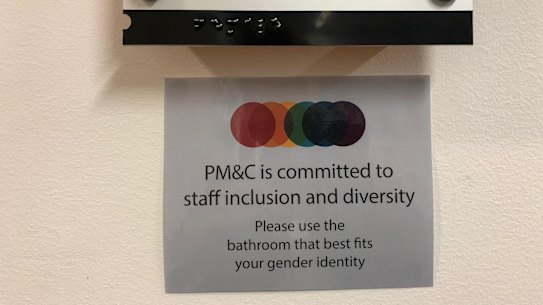 A sign at the restrooms of the DP&C offices in Canberra