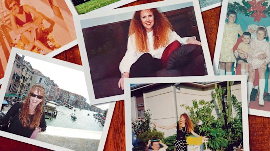 Clockwise from top left: Lisa at age 20 in Wollongong in 1978; Lisa at 32; (from left) siblings Peta, Dom, Lisa and Steve with Santa at Wollongong DJs in 1966; Lisa playing with nephew Leon Spender, 1992; in Venice in 2010. 