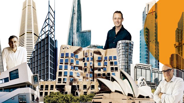 Landmarks designed from near and afar: at left, local architects Durbach Block Jaggers’ North Bondi surf club; centre: Canadian American Frank Gehry’s UTS building. Australia’s “cultural cringe” – a phrase coined in 1950 – is still evident seven decades on, say local architects Angelo Candelapas. left, and Adam Haddow, centre, and architecture lecturer Peter Raisbeck, right.