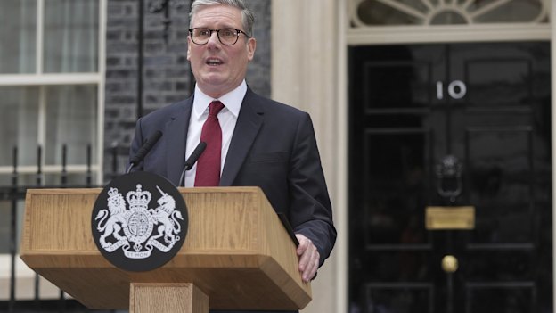 Britain’s Labour Party Prime Minister Kier Starmer makes a speech at 10 Downing Street.