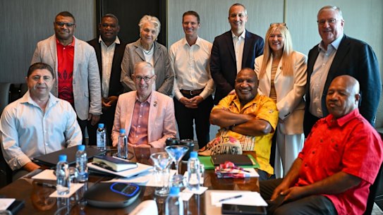 PNG prime minister James Marape unveils the team name at a club board meeting attended by NRL CEO Andrew Abdo on Sunday.