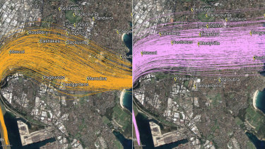 Sydney Airport changes: The temporarily suspended flight path, left, and the current situation.