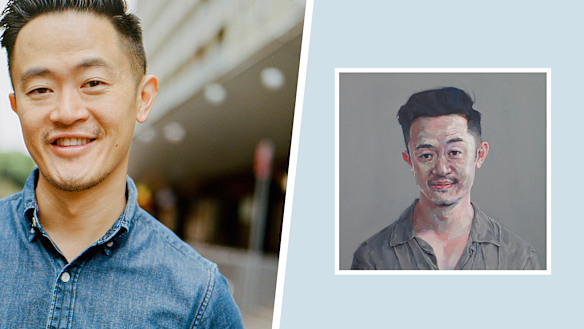 Benjamin Law with his portrait “Benjamin Law: happy sad” by Keith Burt which was a 2019 finalist.