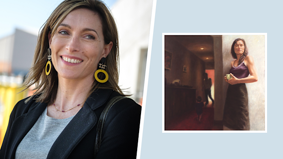 Claudia Karvan with her portrait by Martine Edmur, a finalist in the 2003 Archibald Prize. 