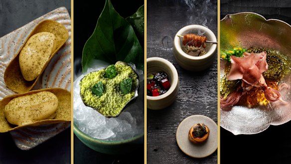 Three-hat worthy dishes at (from left) Amaru; Vue de Monde; Brae and Minamishima.